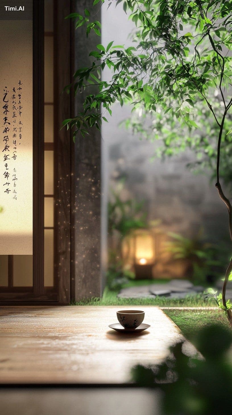 At night, the minimalist Chinese Zen style room, with callig