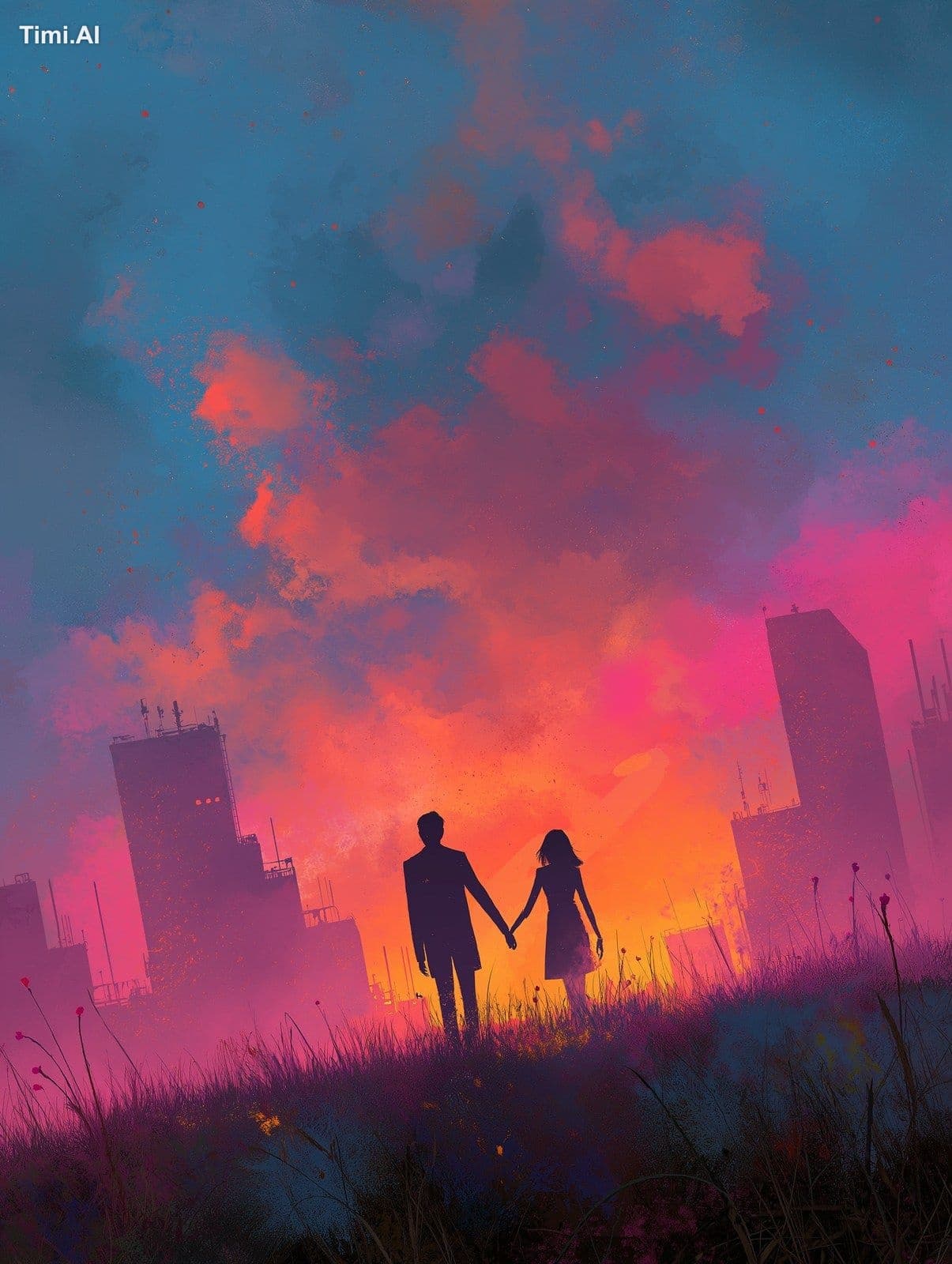 Scenic stylistic image including a man and woman holding han
