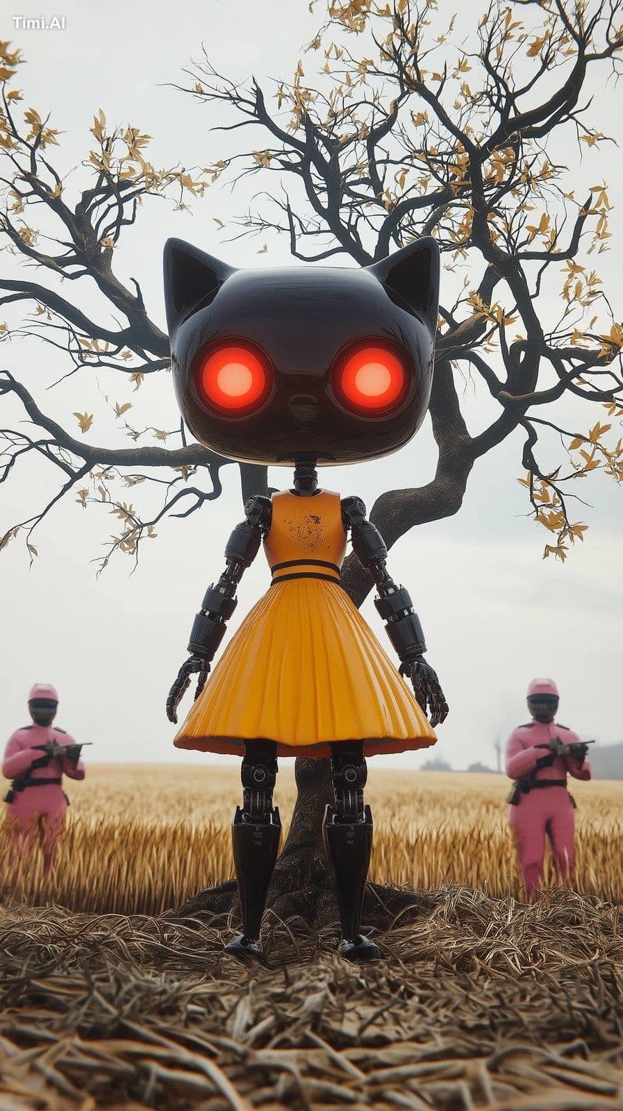 A towering, ominous robotic cat-doll inspired by the iconic