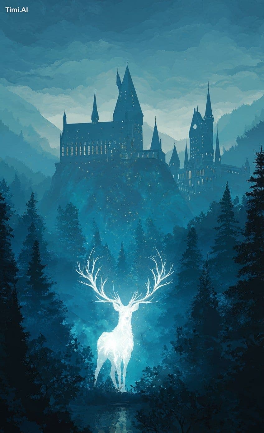 a glowing stag with antlers stands in front of hogwarts cast