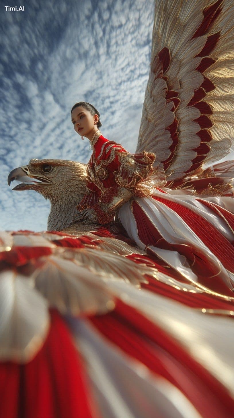 low angle epic shot of a model in flowing red-and-white cout