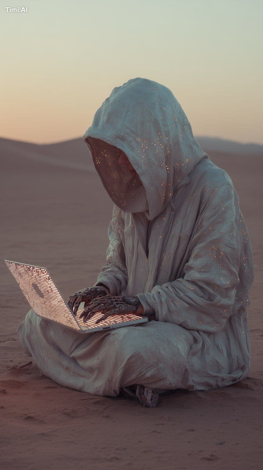 A girl with a holographic laptop is working in a deserted oa