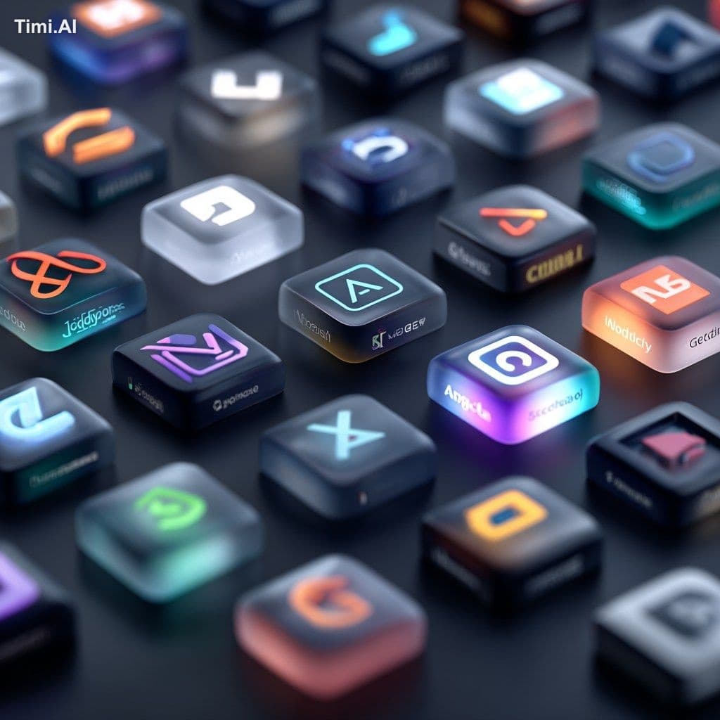 3D render style illustration of popular AI tools logos: Chat