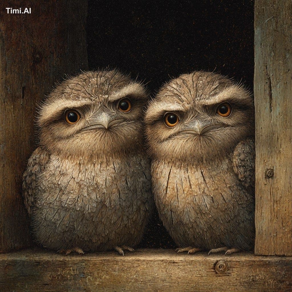 a pair of baby tawny frogmouth owls in the style of shaun ta
