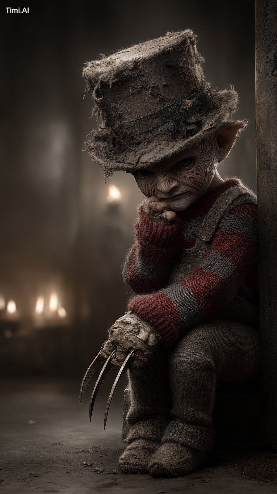 a baby Freddy Krueger, chubby infant with tiny clawed glove,