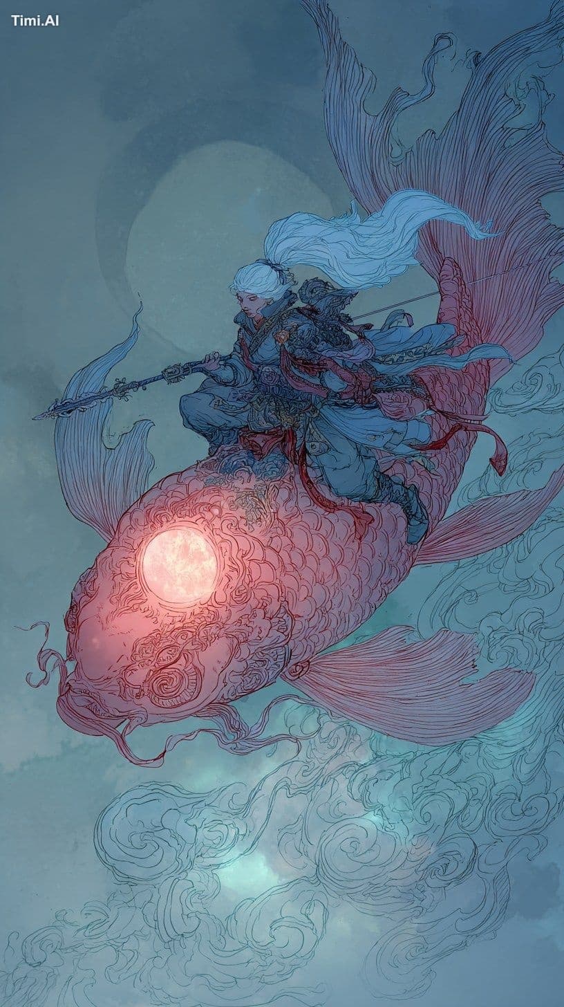 The god of death rides on a divine fish.Chinese ancient styl