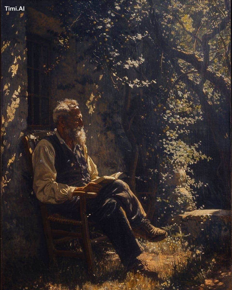 portrait of an elderly man sitting in the shade and reading,
