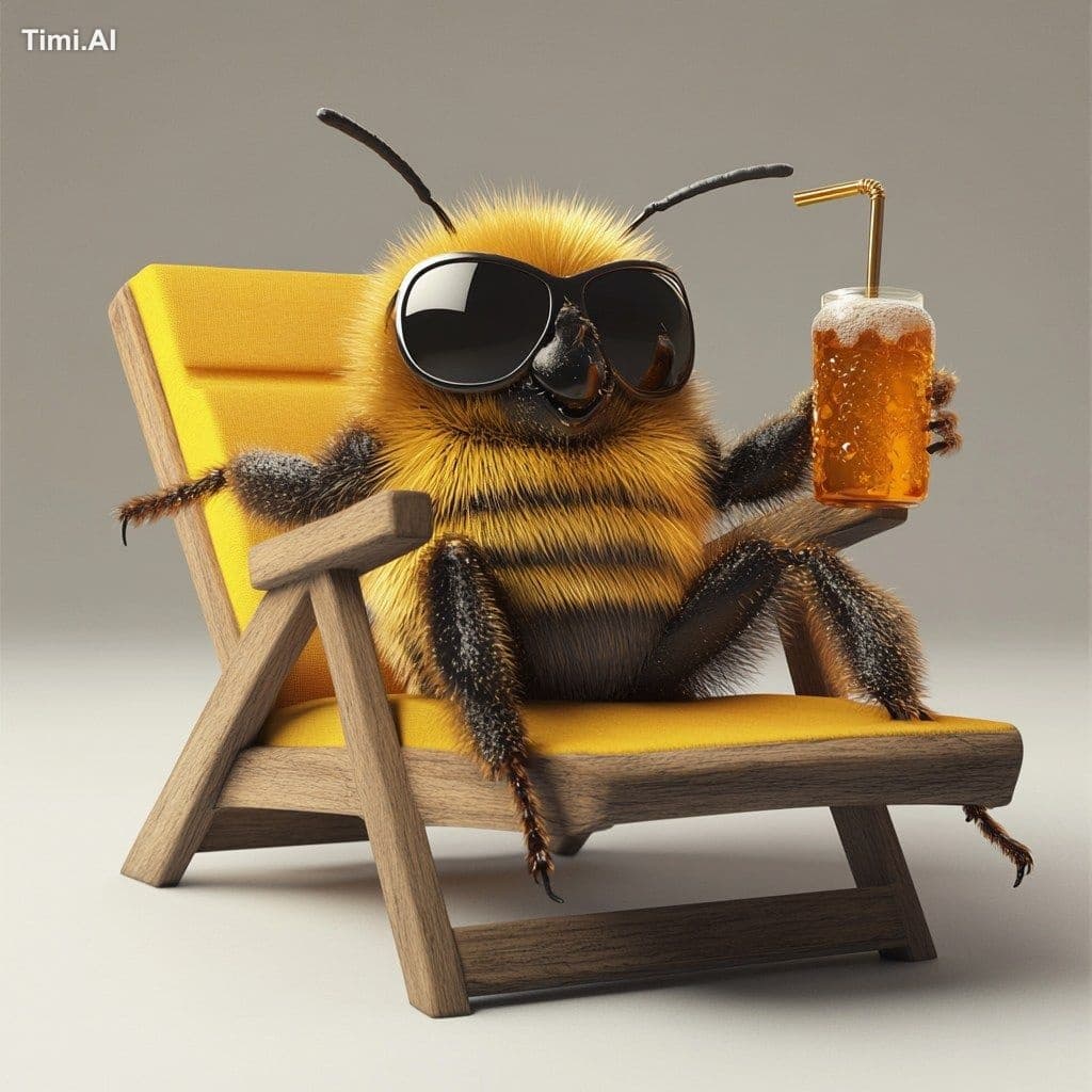 funny bee with sunglasses sitting on a lounge chair drinking