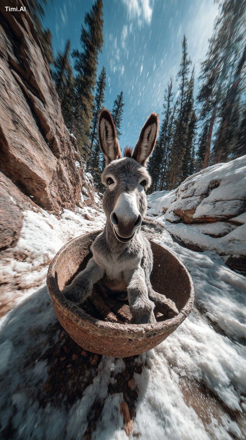 A donkey sitting in a wok is racing downhill from a snowy mo