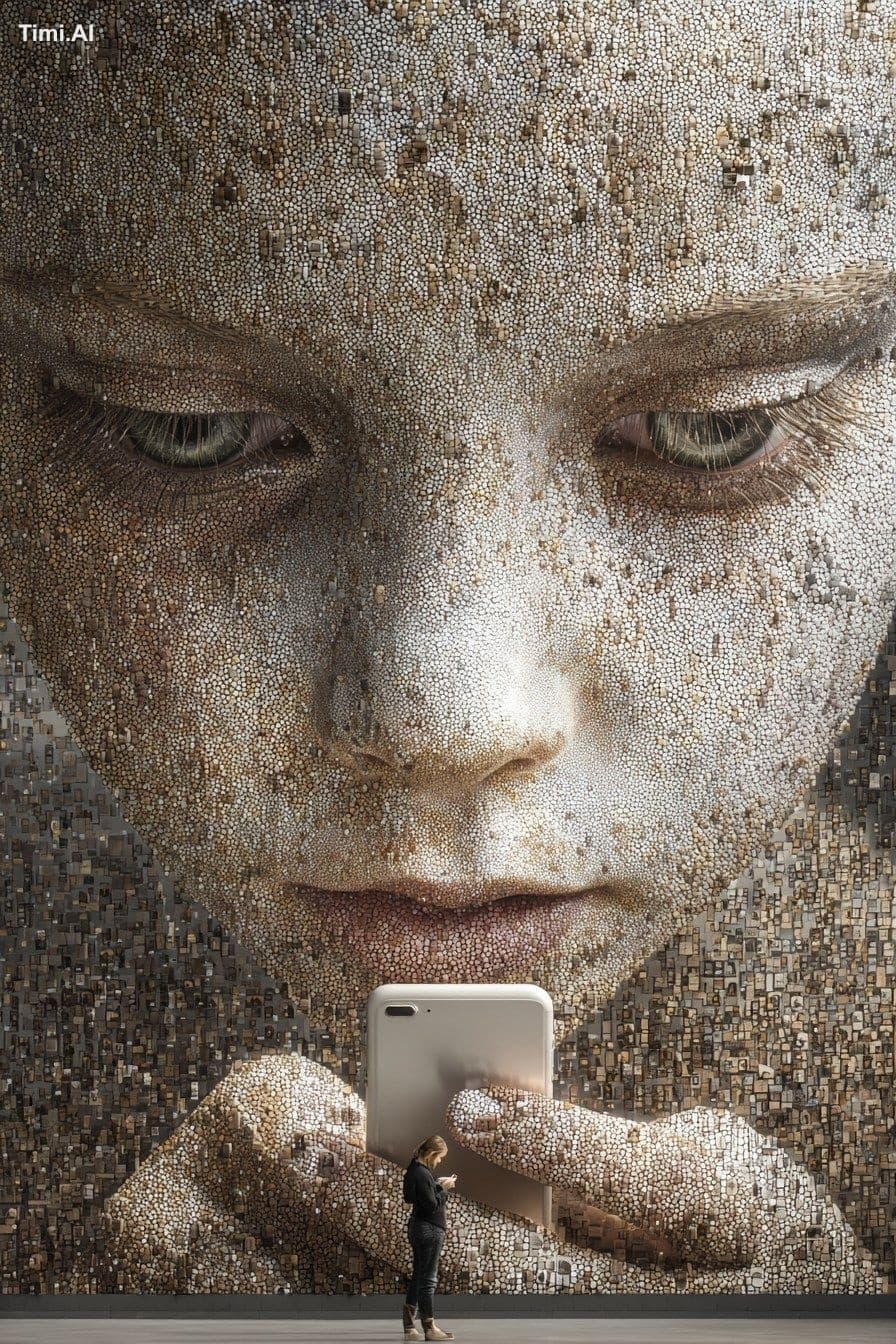 Giant photorealistic portrait of a girl looking into a moder