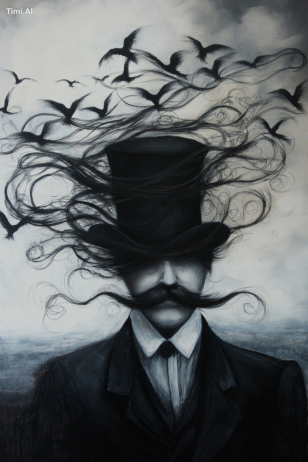 A man with mustaches wearing top hats in the style of surrea