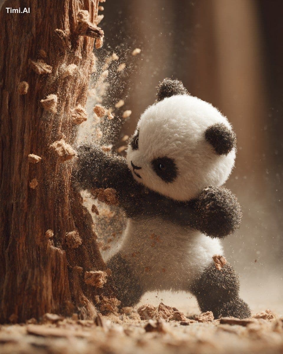 A cute panda punching a tree and breaking it with impact, de