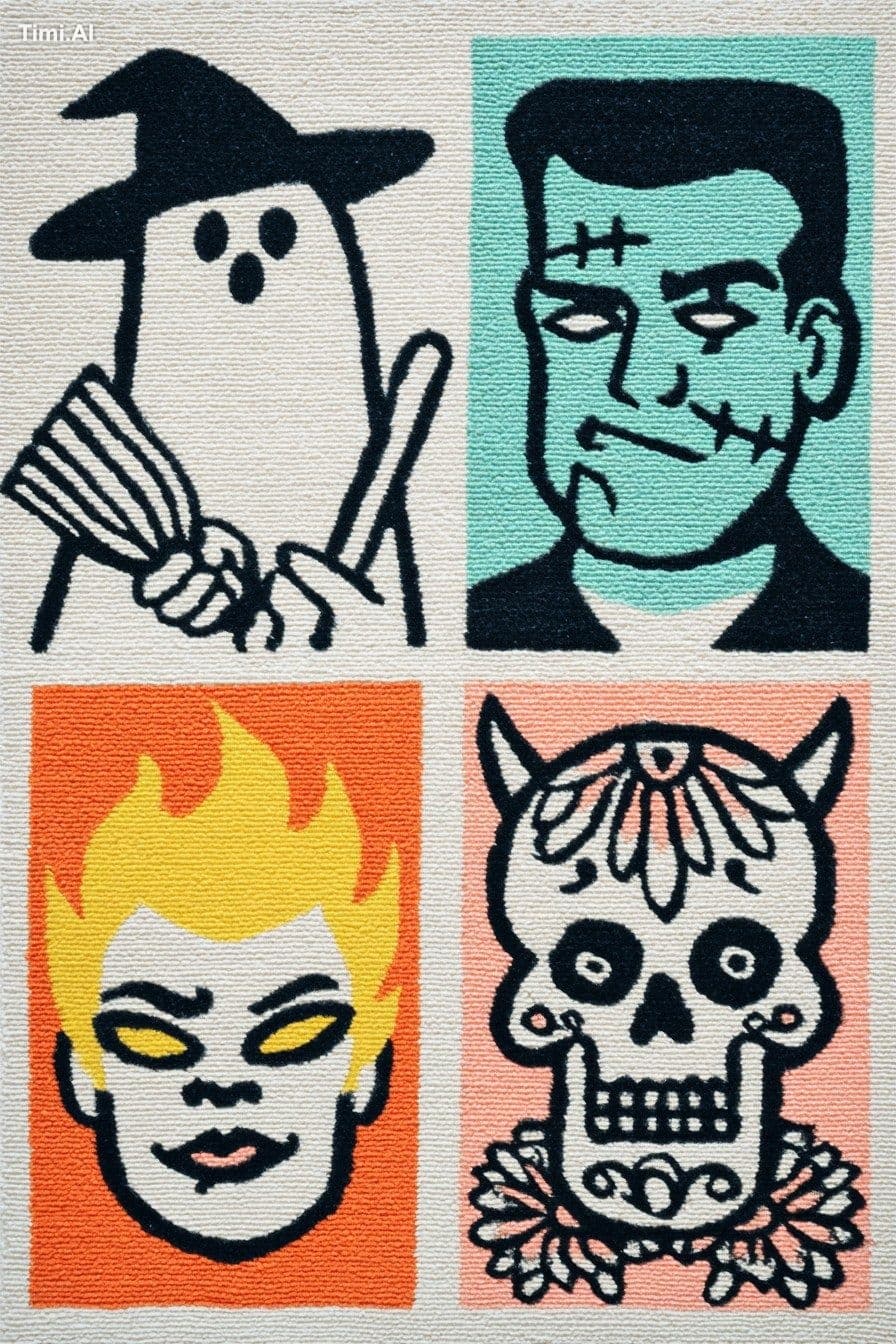 A bold retro cartoon rug featuring four edgy ghostly figures
