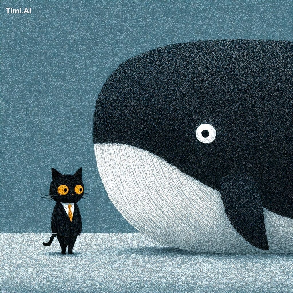 tiny black cat and Big Whale wearing suit corporate --styliz