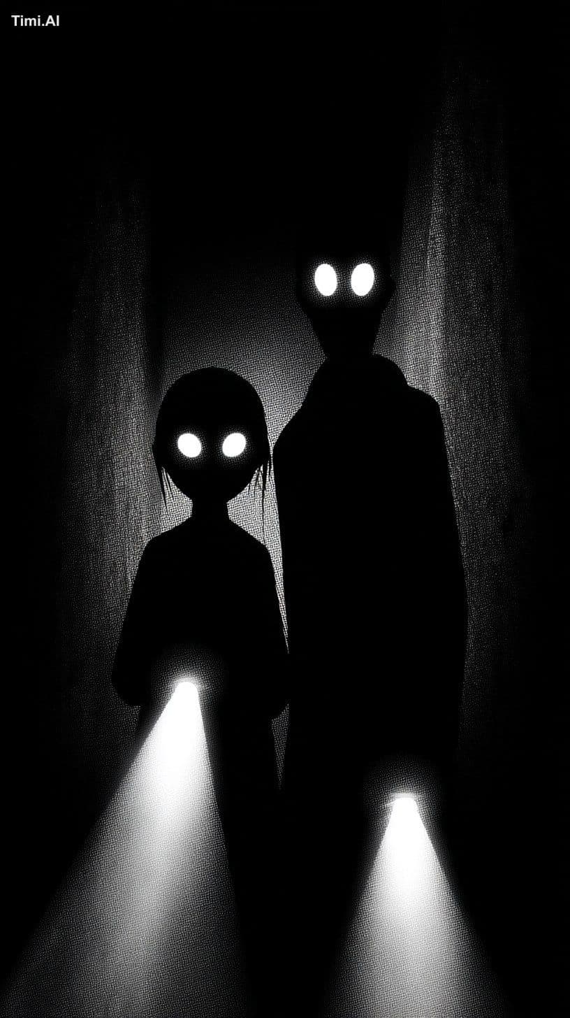 Two black silhouettes in the dark with bright white eyes and