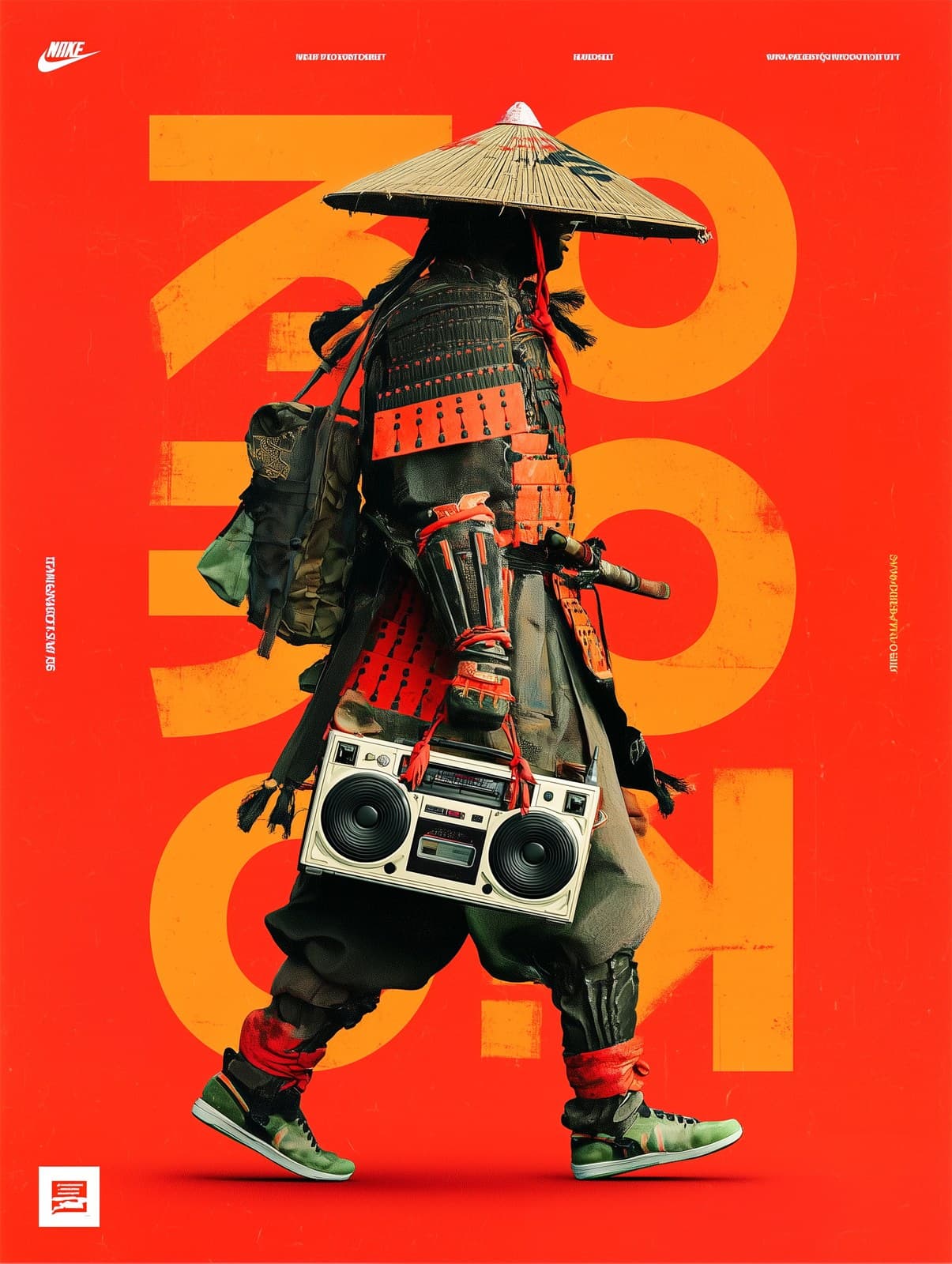 Samurai walking with a stereo boombox fashion advert --ar 3: