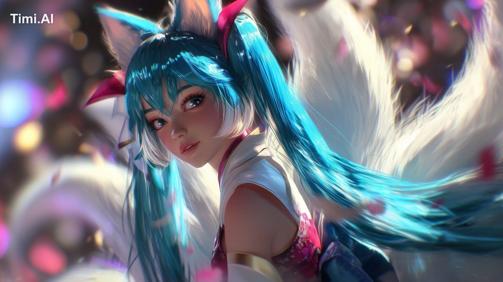 half body splash art of Hatsune Miku portrayed as Ahri (Leag