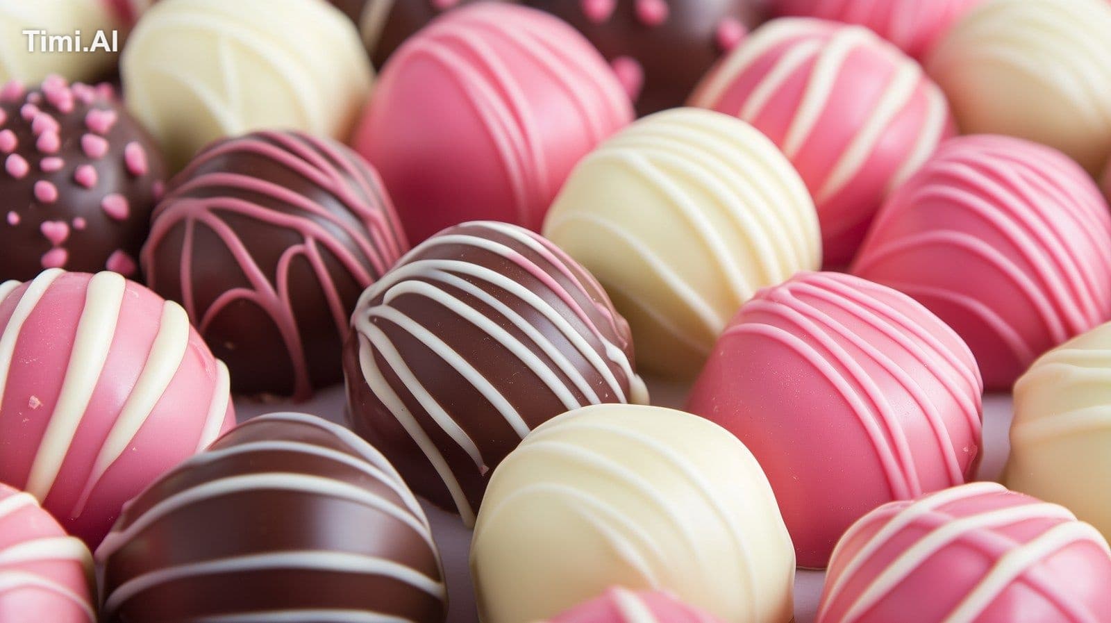 red and white and pink chocolates, valentines day --ar 16:9