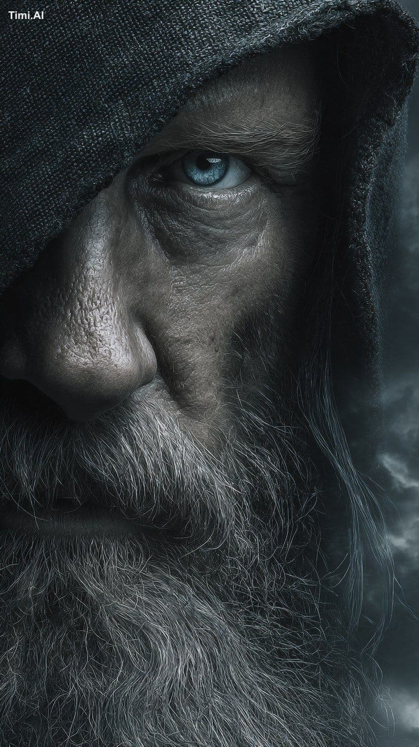 Close-up of Odin’s glowing eye under a shadowed hood, intens