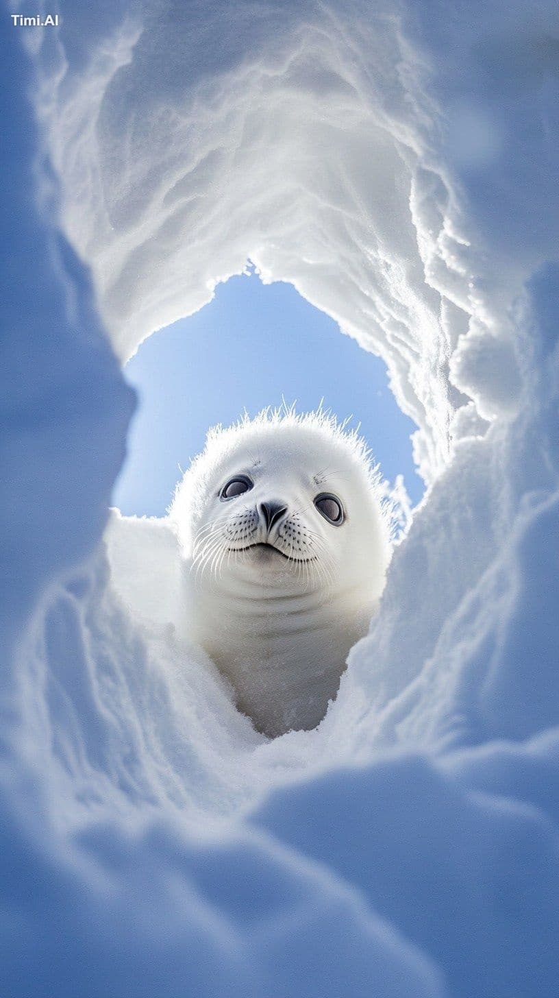 A young, white seal pup peeks out from a snow hole, surround