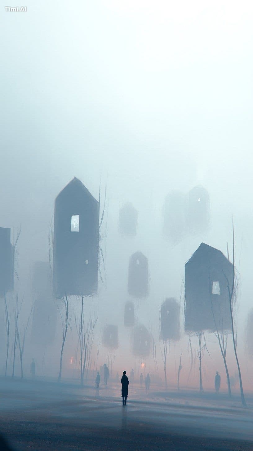 A surreal valley under a dim, misty sky, filled with ghostli