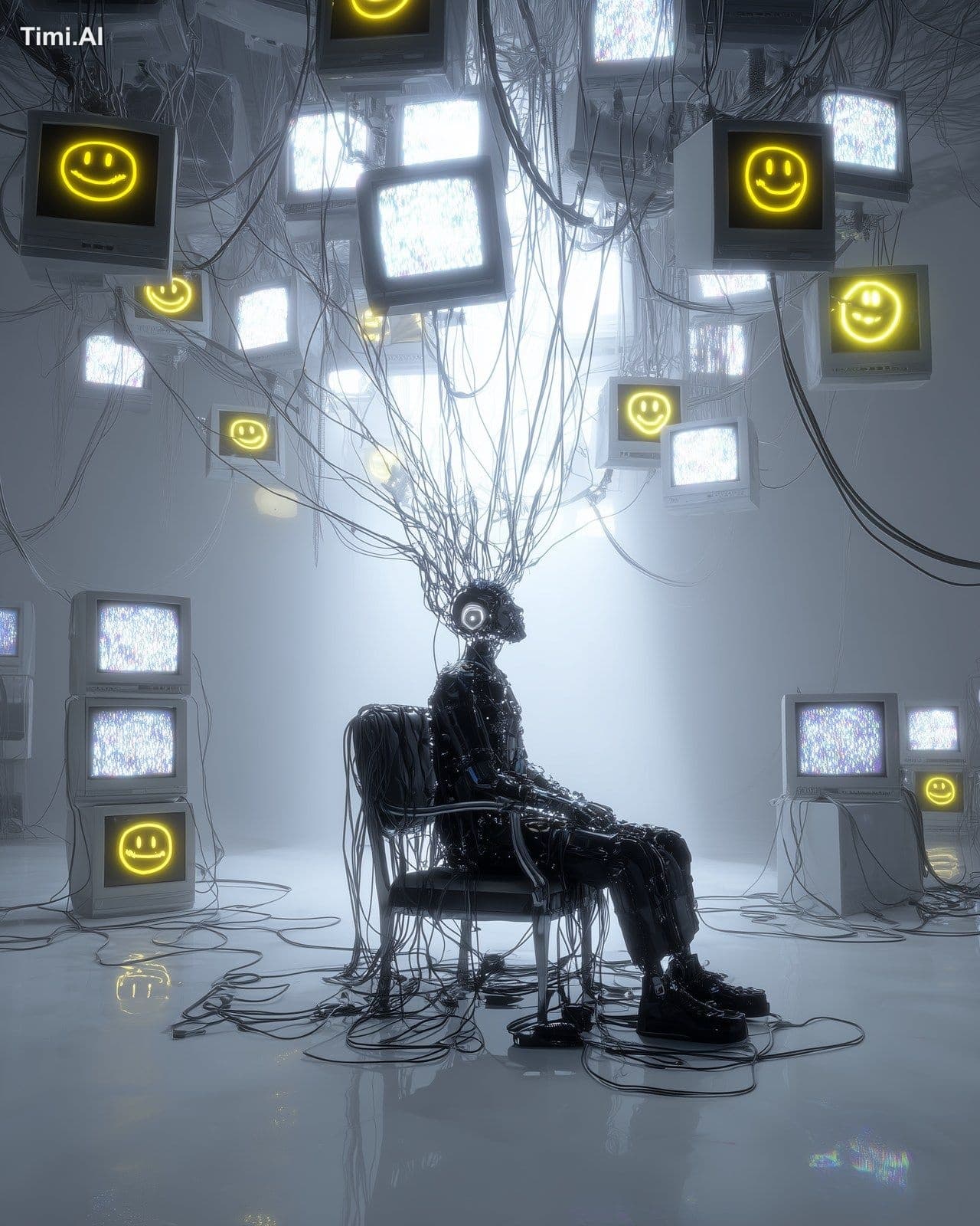 A man sitting in a chair in an empty white room, cables are