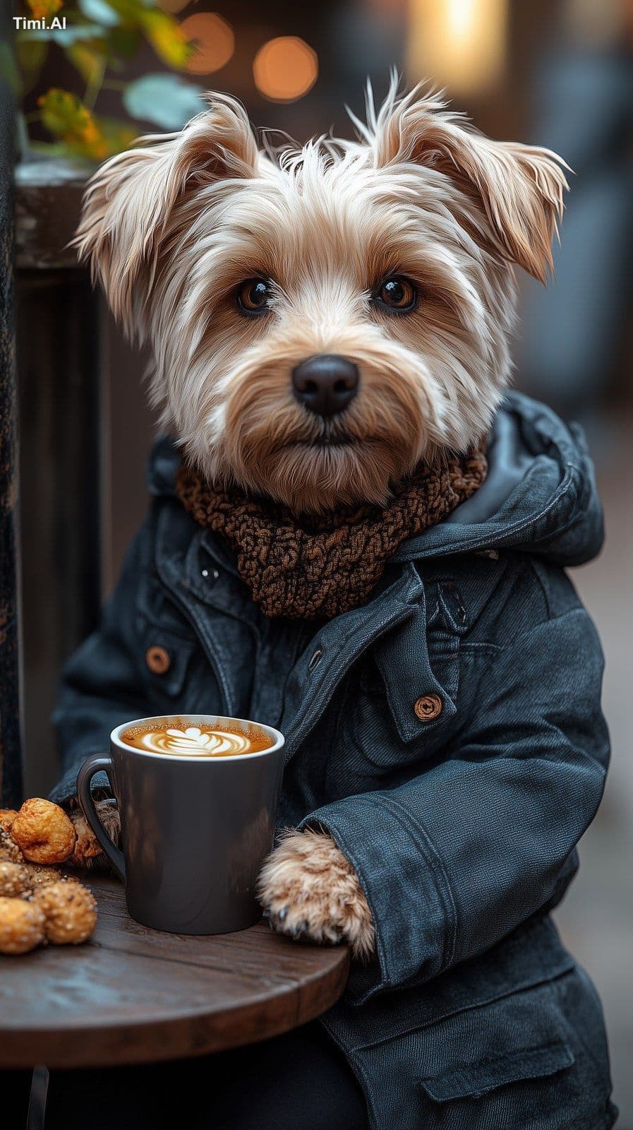 a humanoid dog sitting at an outdoor city café, wearing casu