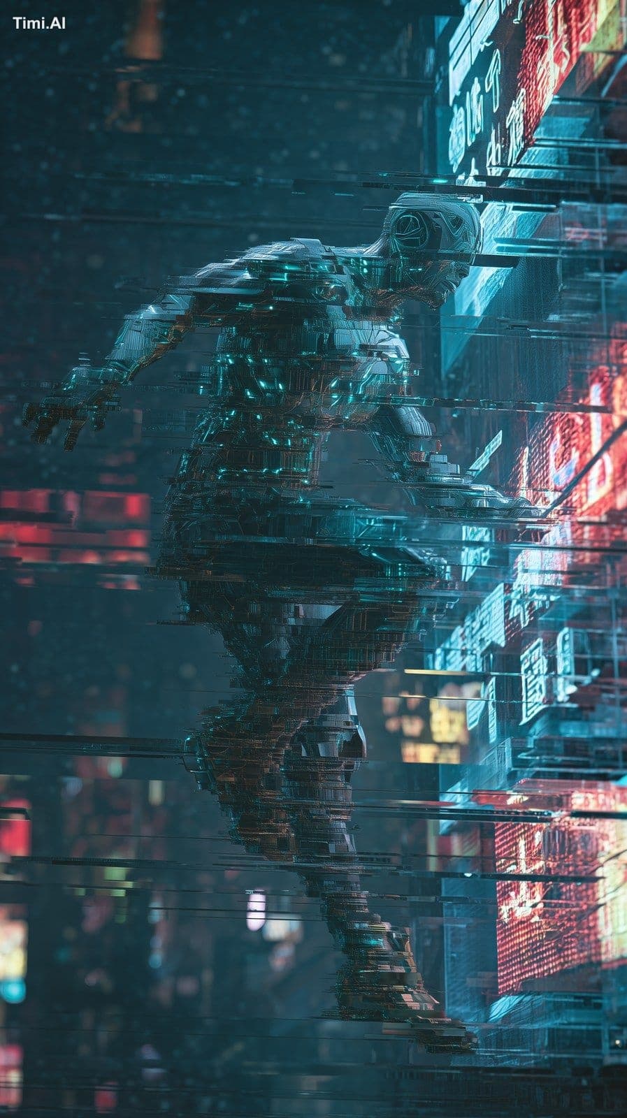 Cybernetic ninja phasing through a glitching digital wall, b