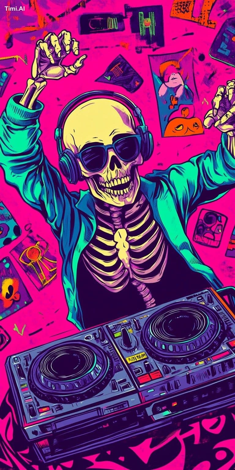A Skeleton joyfull DJ spinning a turn table with one hand an