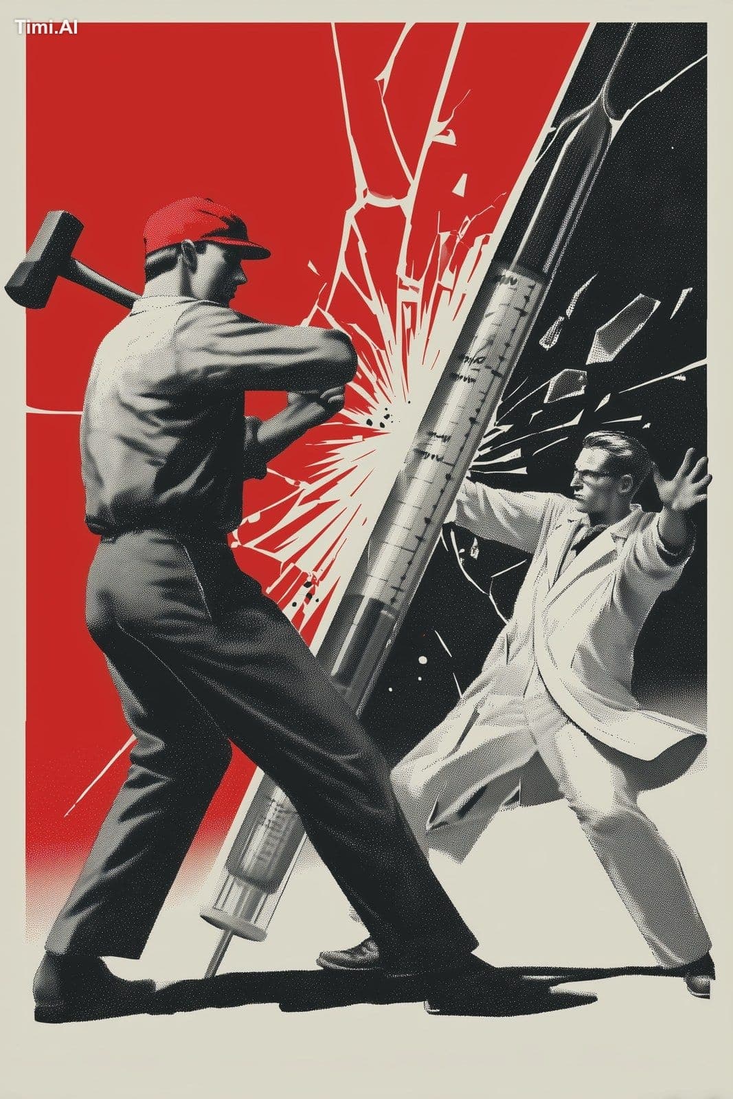 Propaganda poster, bold 1940s style. Three flat colors: blac