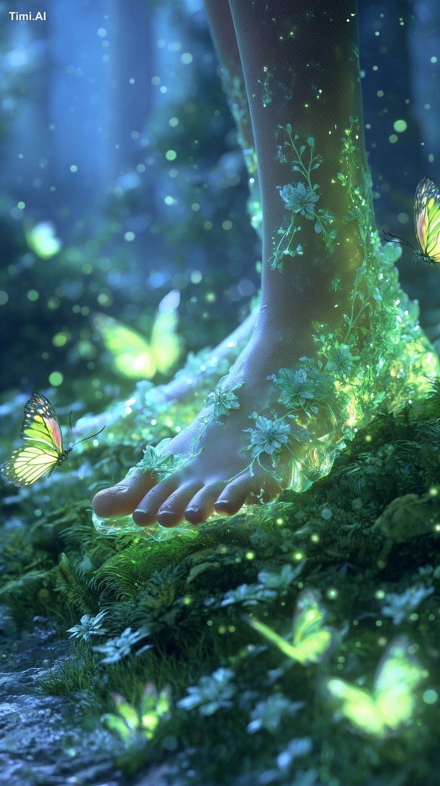 close-up of elf fairy feet glowing with crystal-like skin, r