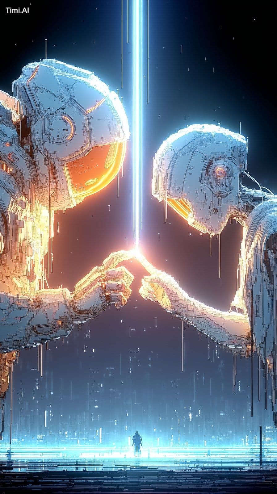 two pixelated futuristic hands reaching toward each other, p