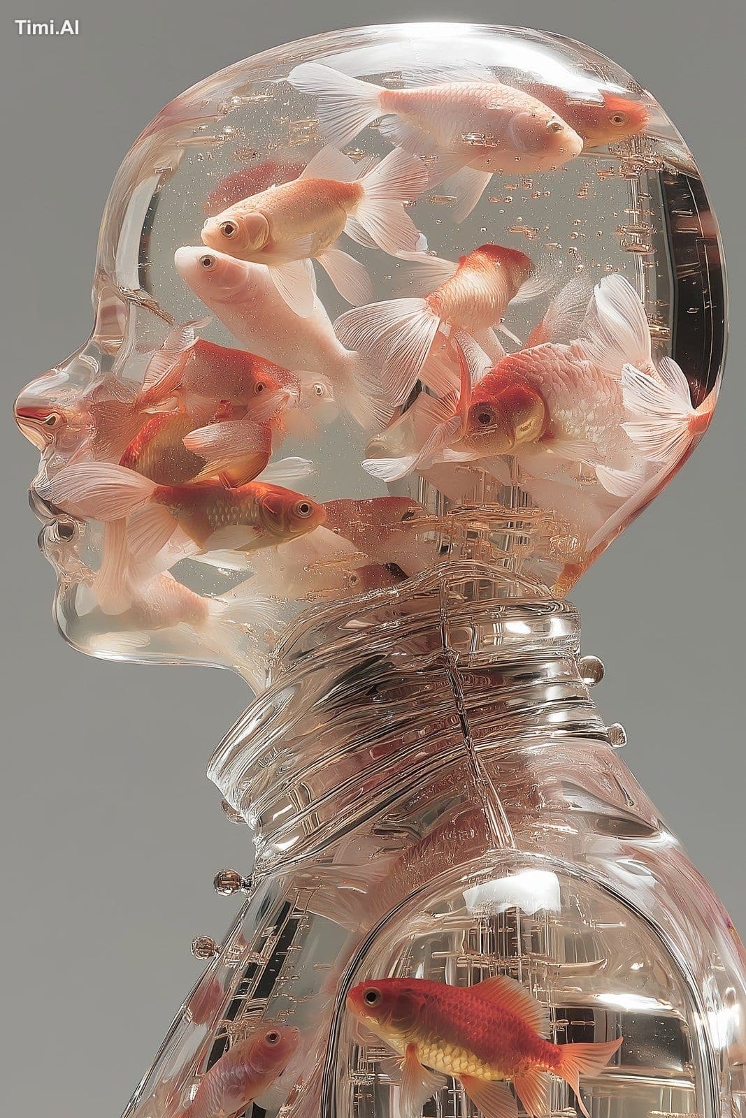 a human full body made of glass filled with floating goldfis