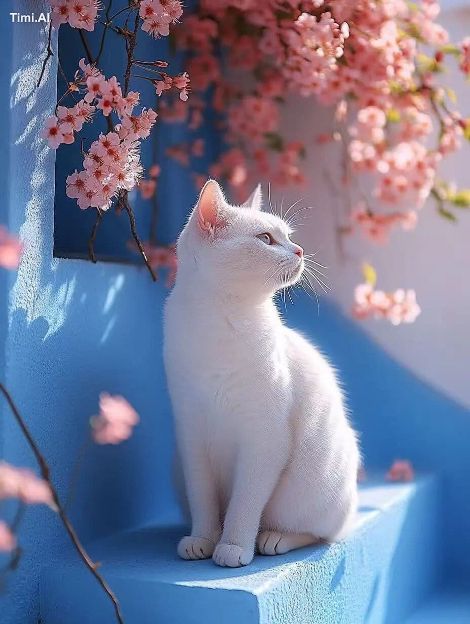 A cat sitting on the stairs, under a blooming Spiraea, blue