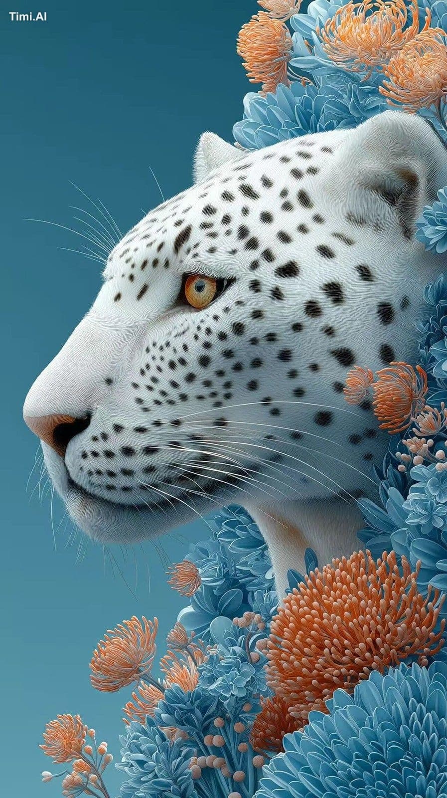 Illustration of a white leopard surrounded by blue and orang