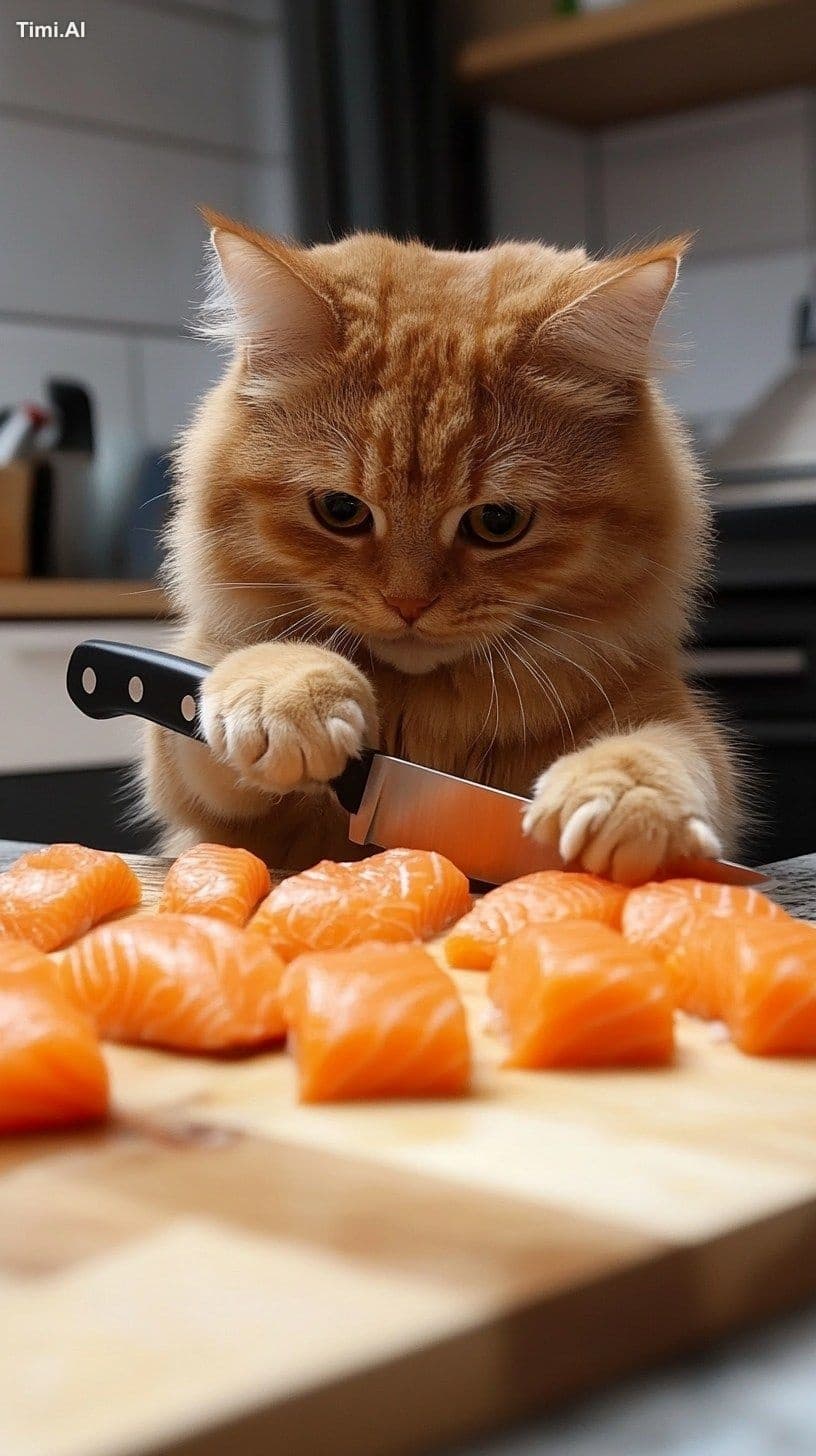 The cat has a knife in his hand and cuts the fish one by one