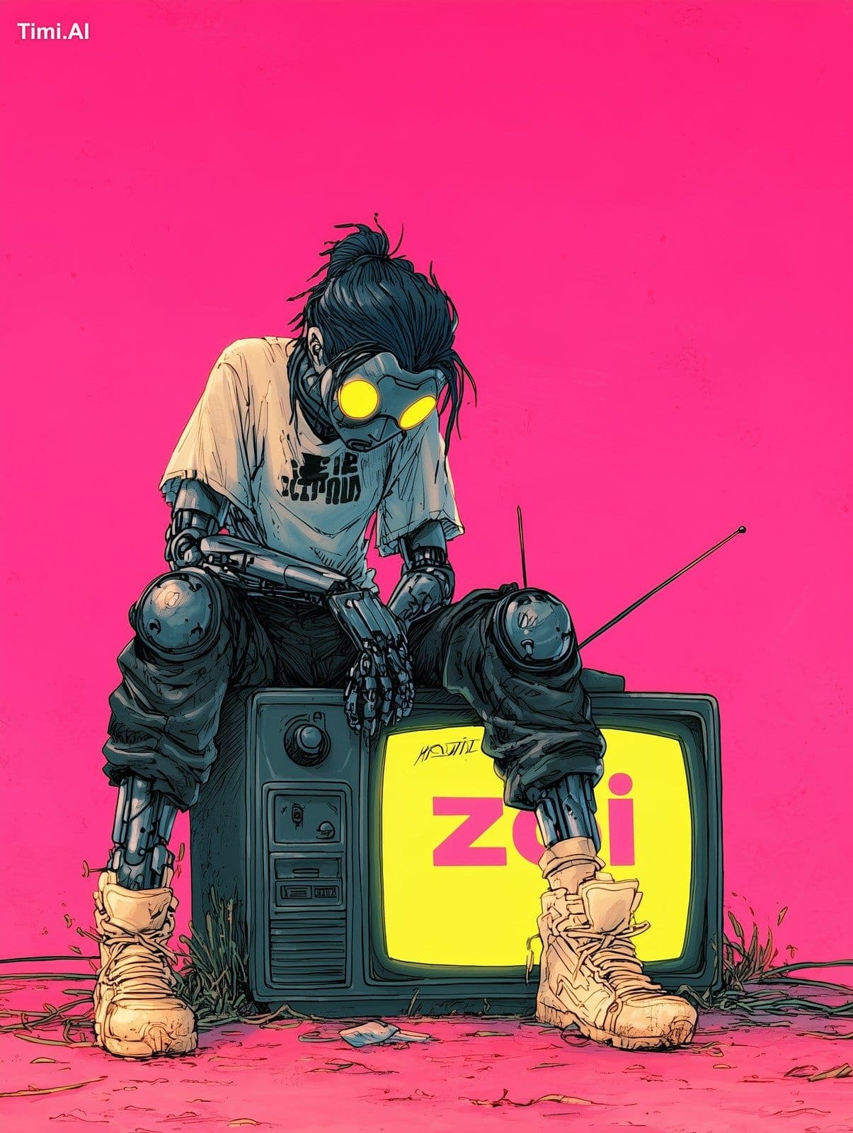 Illustration, design, cyberpunk retro, female sitting on tv,