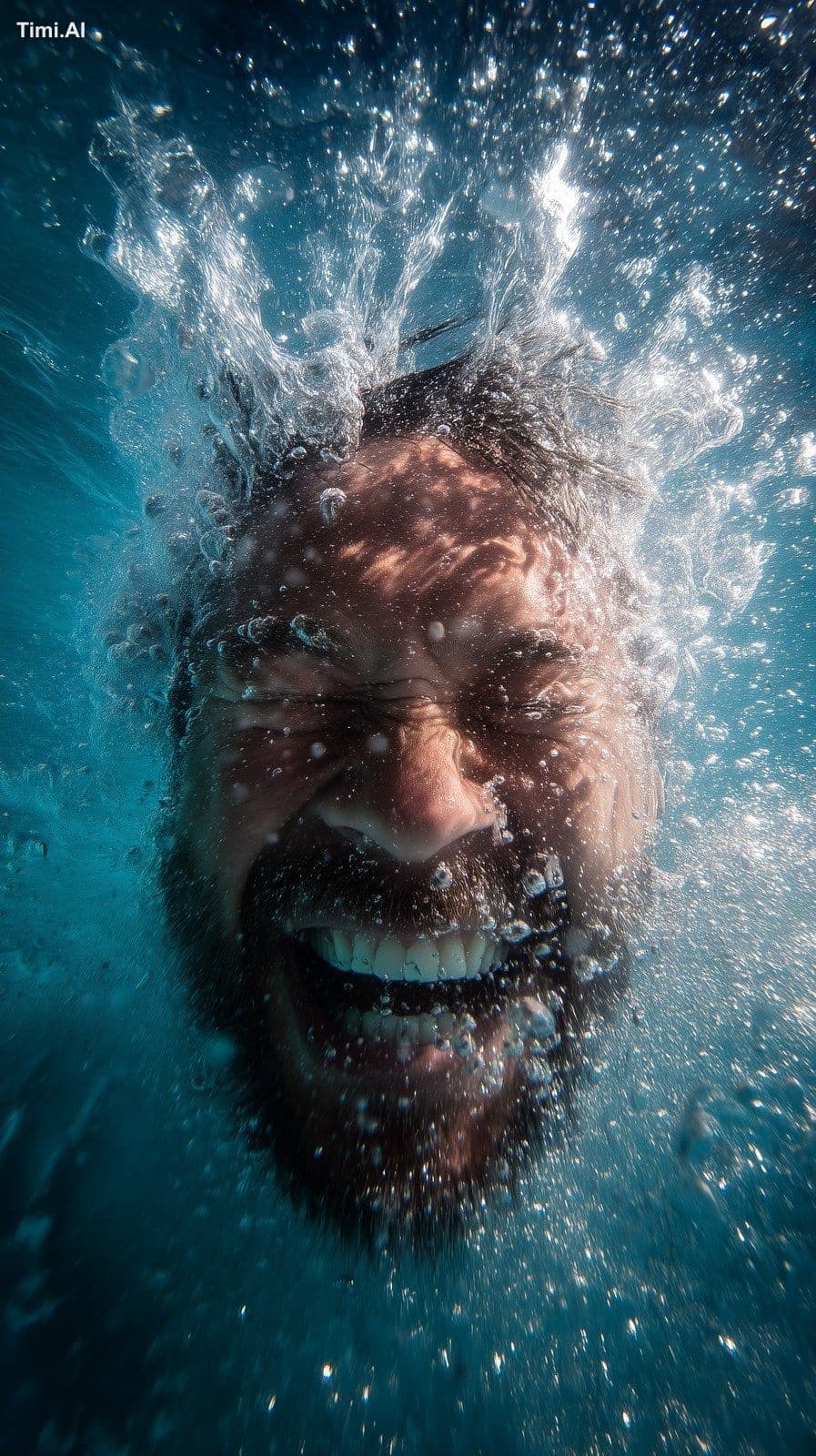 man puts his head underwater smilling, funny shot for stayin