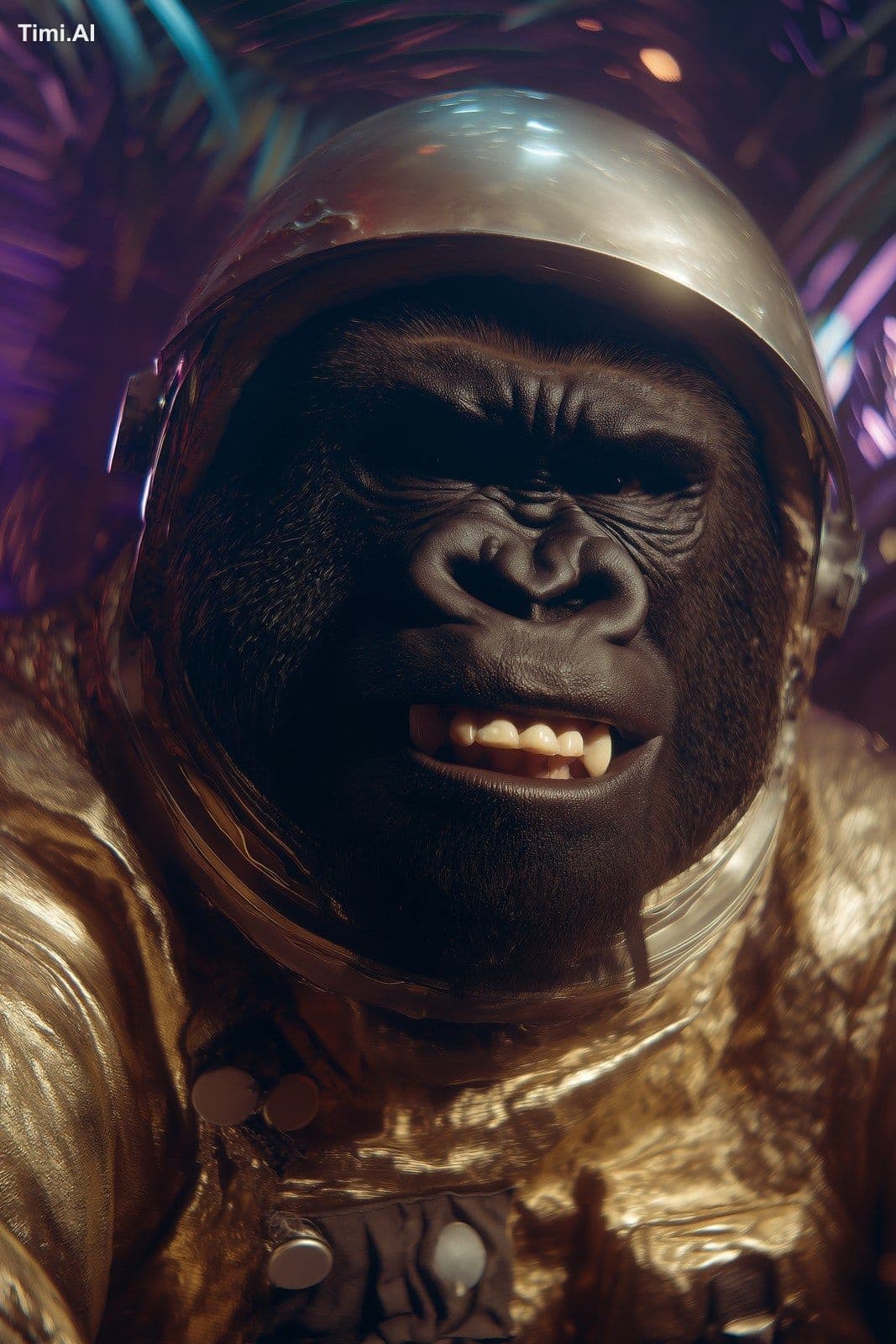 Portrait shot of a black gorilla monkey in a gold-colored sp