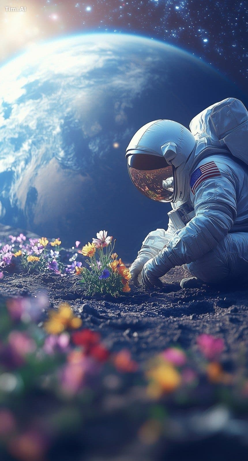 An astronaut planting flowers on the moon's surface, surroun