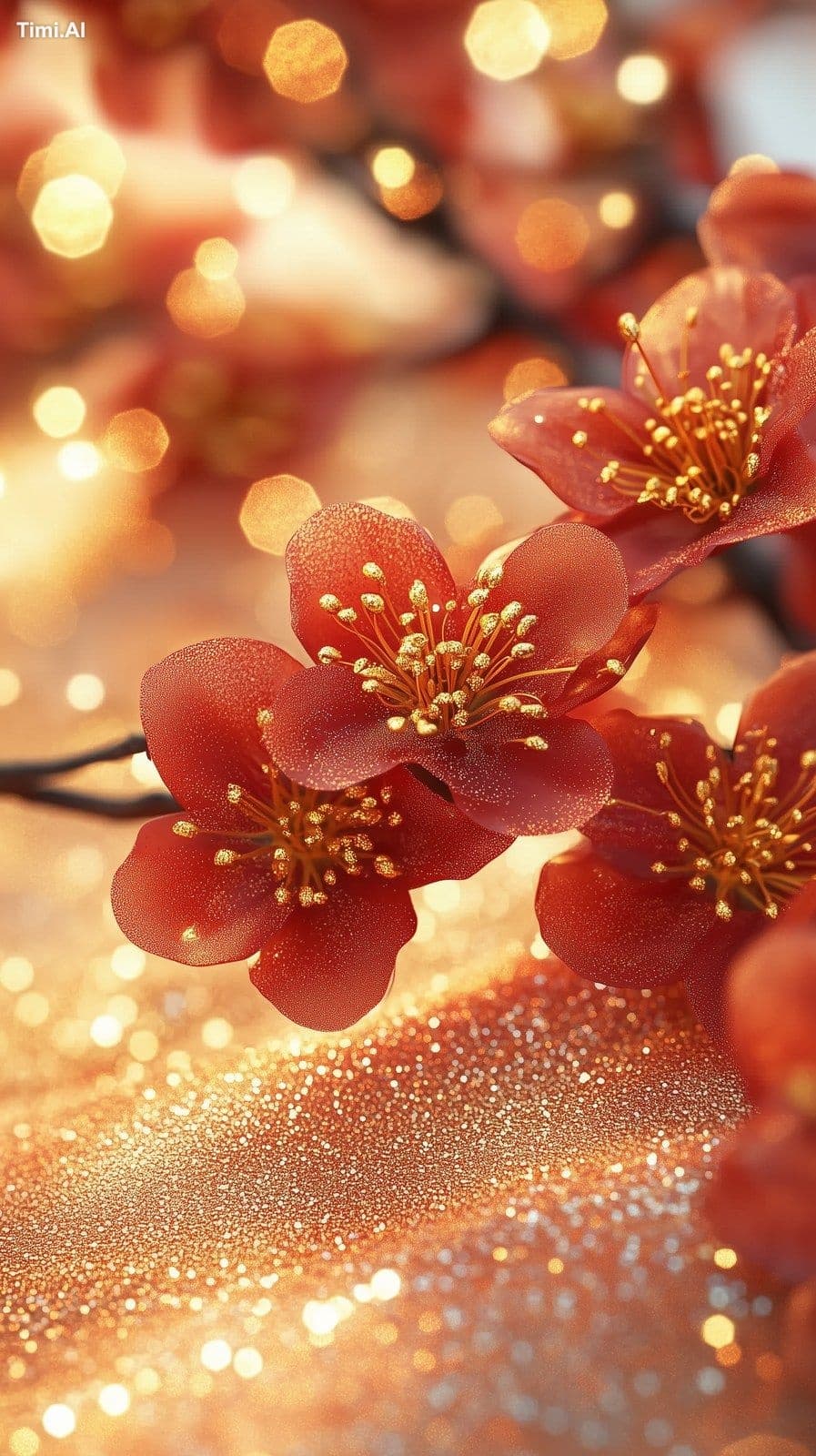 https://s.mj.run/k6NKYHZdCTg Red plum blossoms, golden glitt