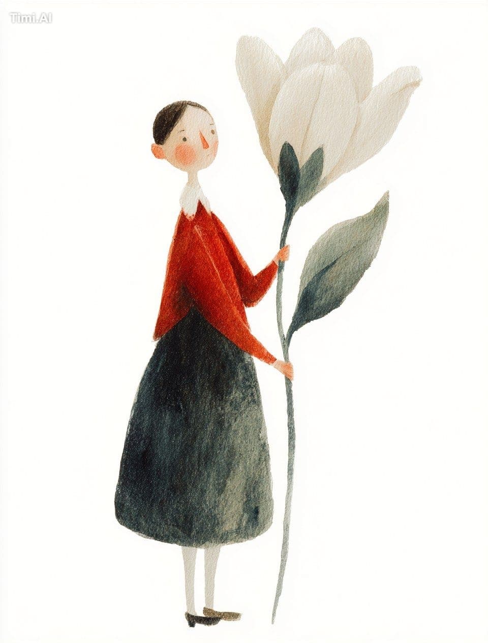 A girl holding a tulip, in the style of Isabelle Arsenault a