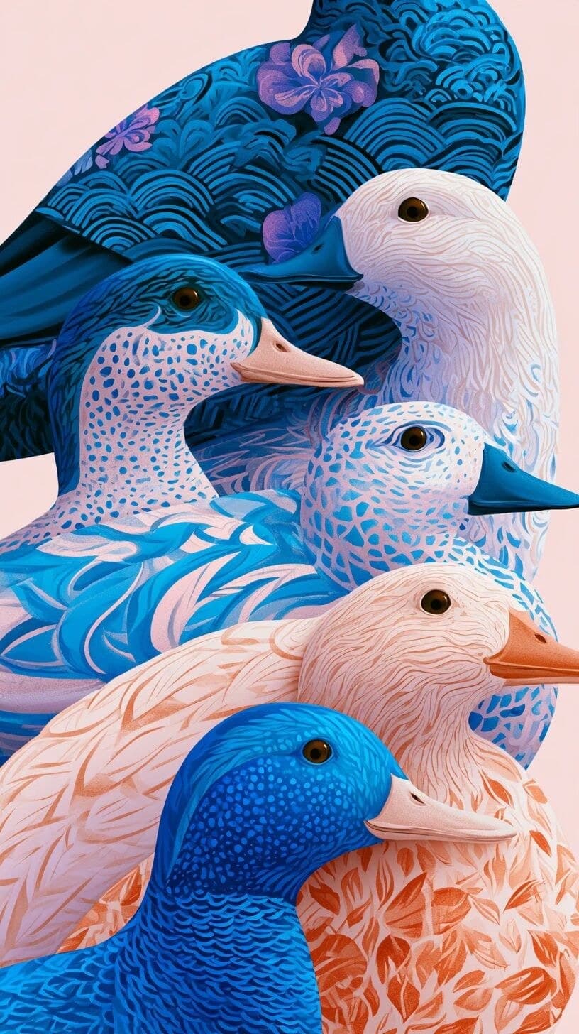 a close up illustration of six ducks in various colors and p