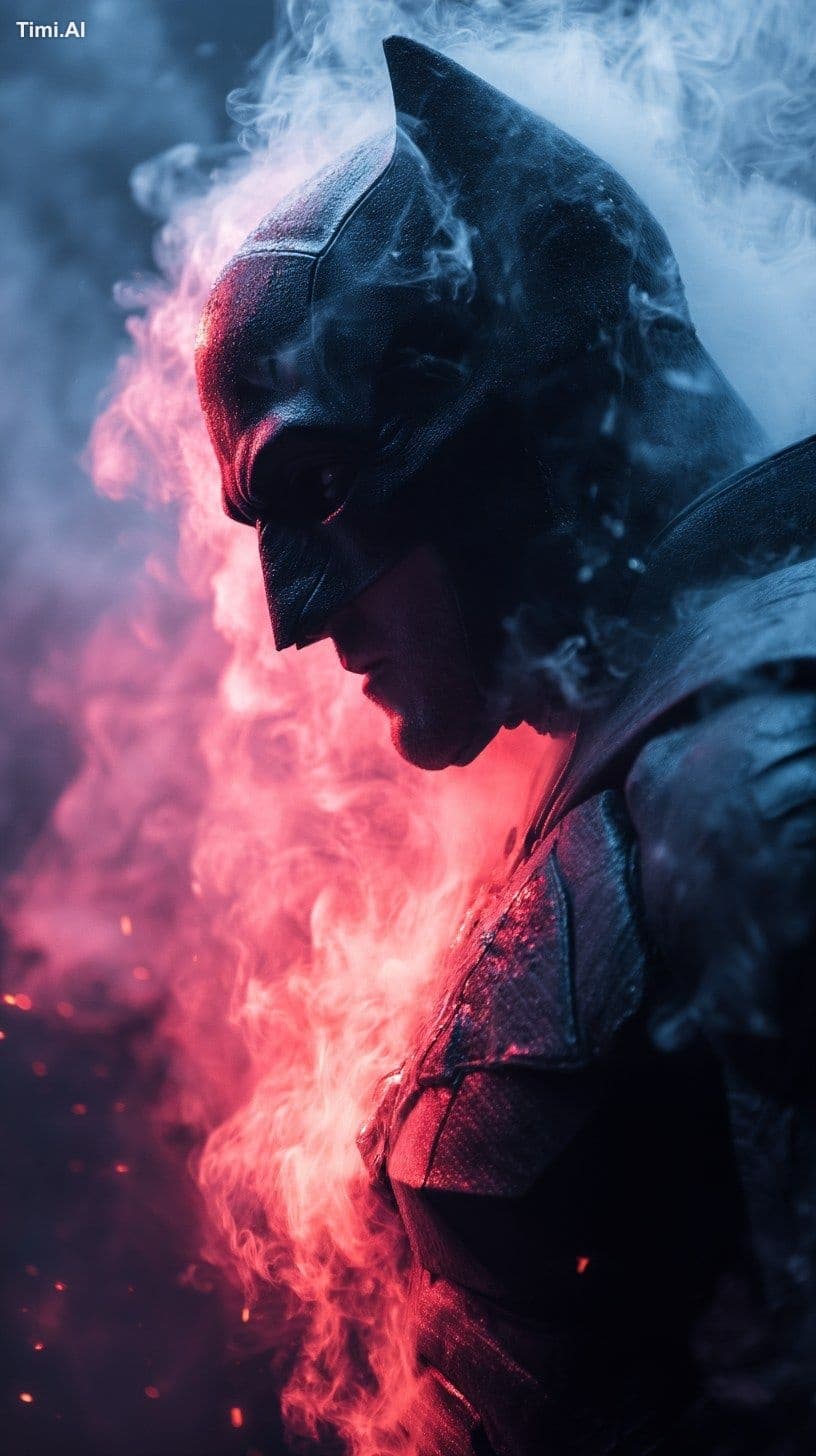 Cinematic promotional photo of The Dark Knight surrounded by