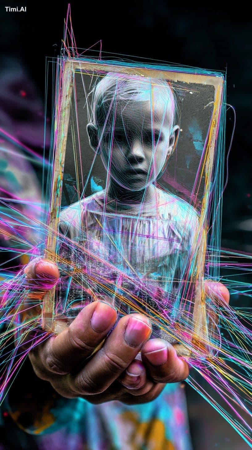 young hands holding an old photo, glowing threads flowing fr