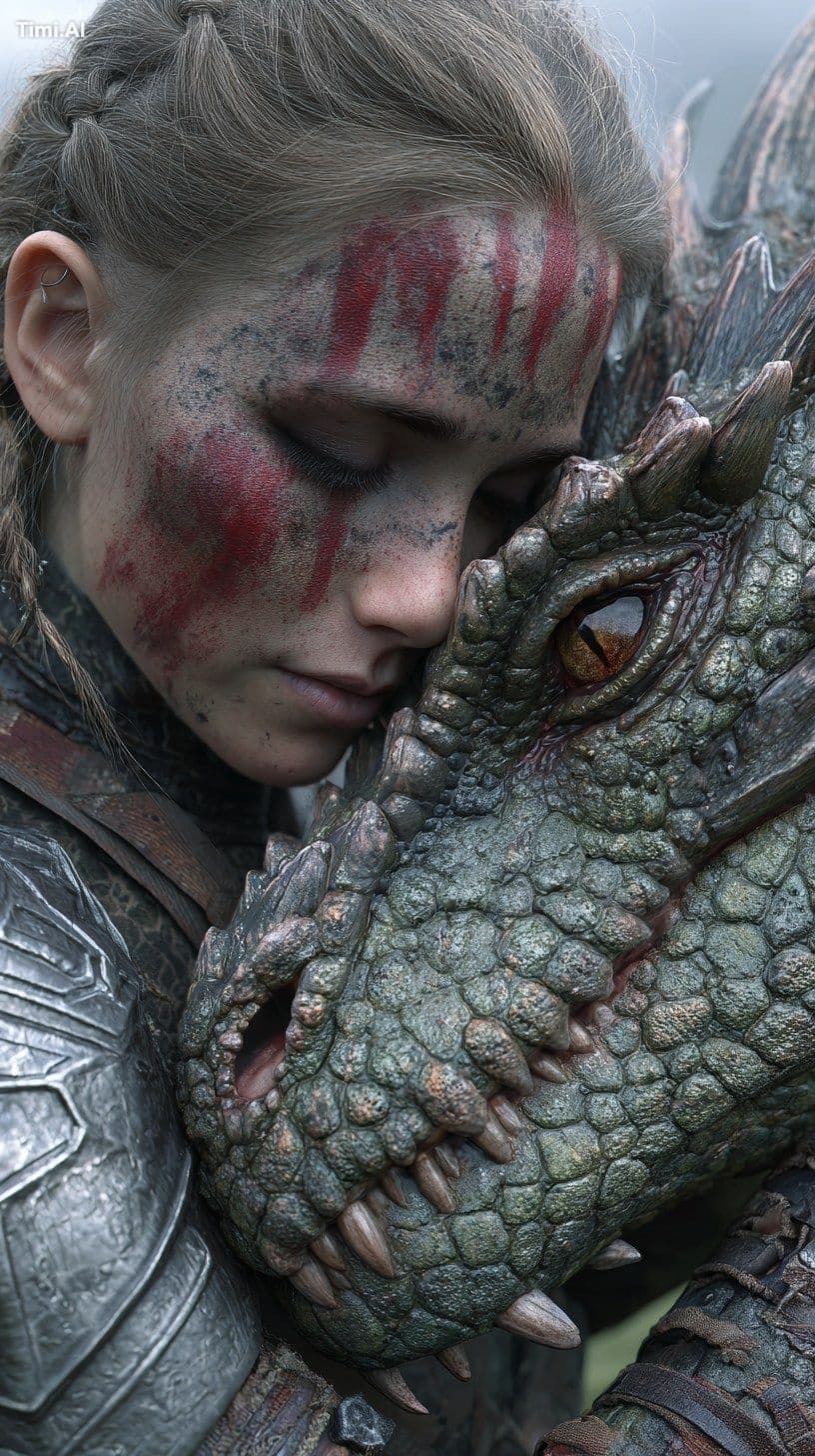young lady in war paint and armor hugs a dragon, foggy, real