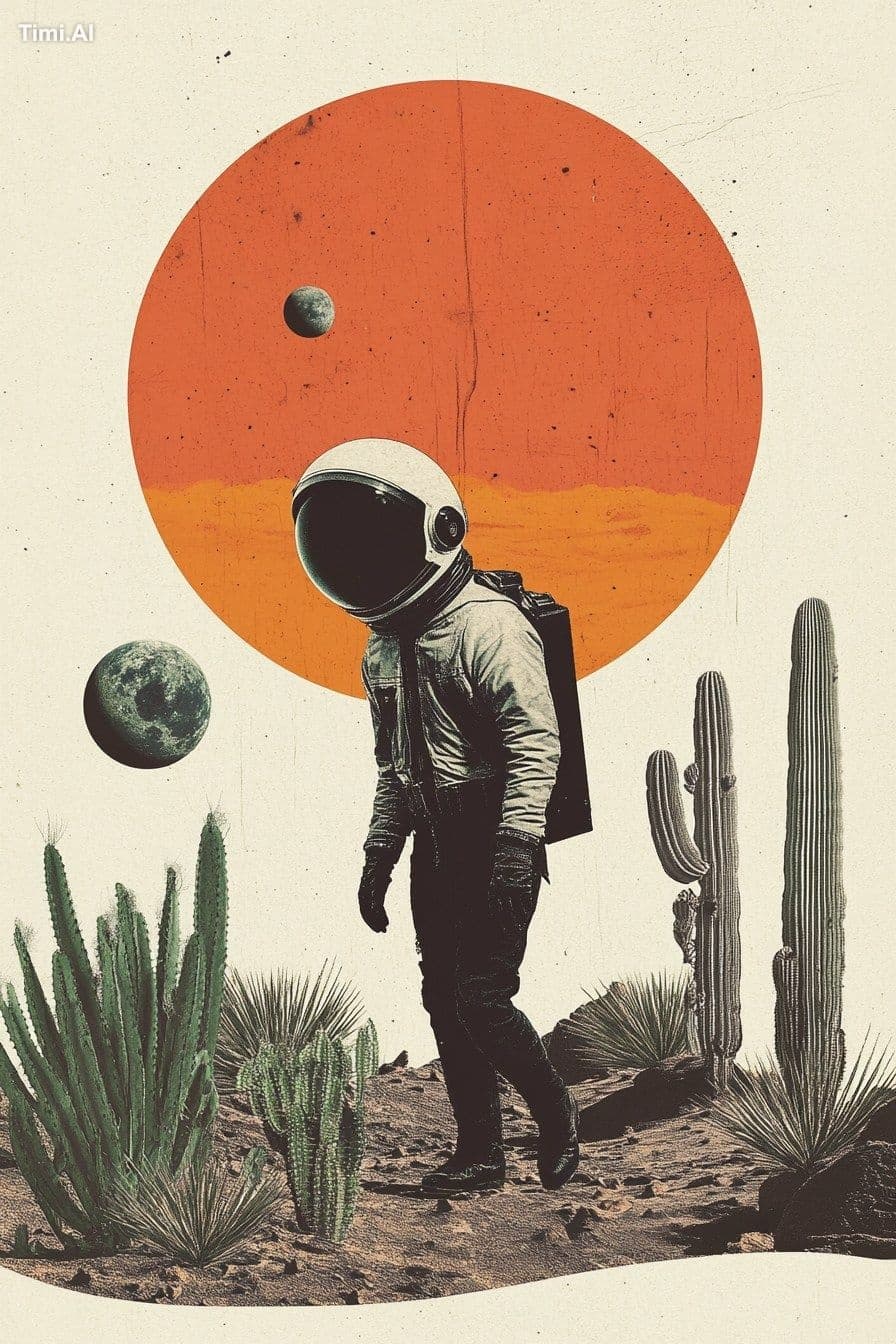 Black cat in a space helmet walking on a desert planet, with