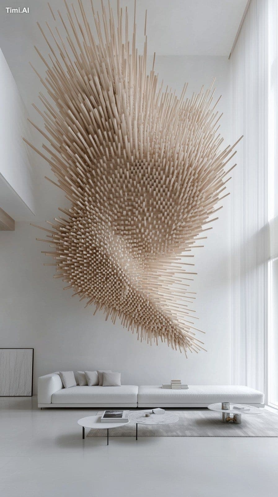 a complex 3d spiky gyroid wall made from wood in a white mod