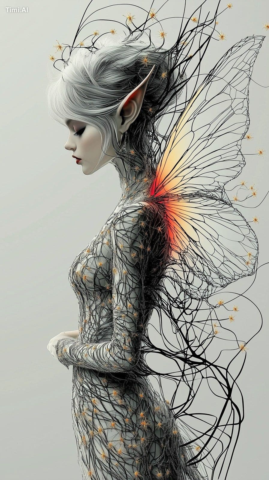 2D rendering of a beautiful faerie with pointed ears and red