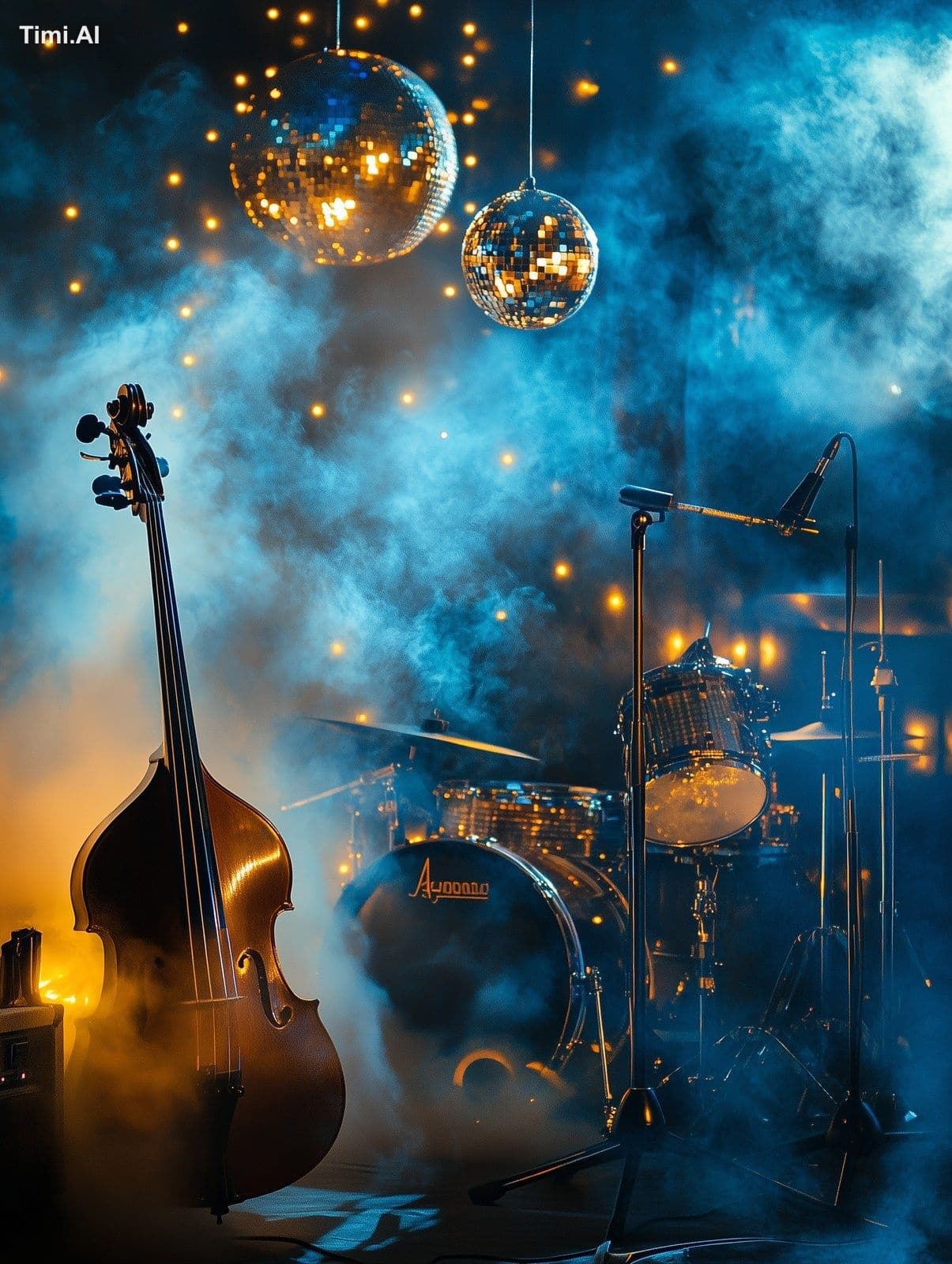 smoke, disco lights in blue and gold and musical instruments